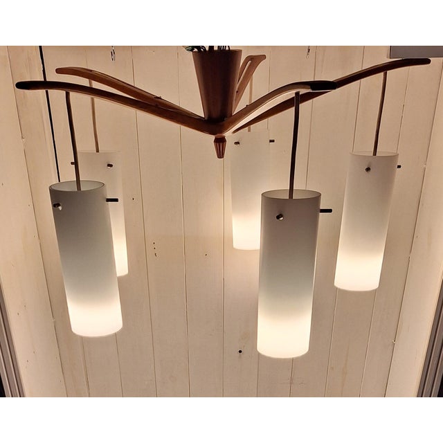 Mid-Century Modern Vintage Mid-Century Danish Five-Light Ceiling Cascade Lamp with Teak Frame and White Satin Glass Shades, 1960s For Sale - Image 3 of 12