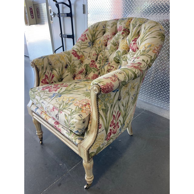 Late 20th Century Traditional Botanical Floral Tufted Armchair With Nailhead Trim & Casters For Sale - Image 5 of 12