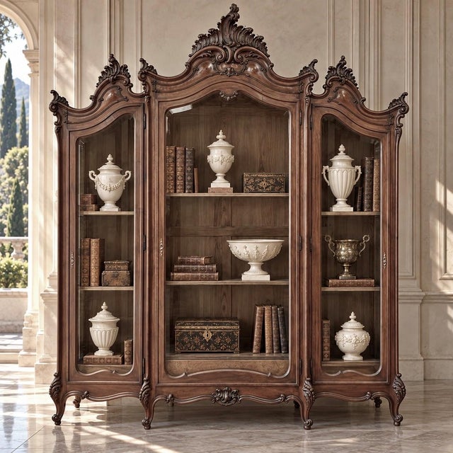 An exceptional 19th century Italian Rococo three-door display bookcase, masterfully hand-carved from solid walnut and...