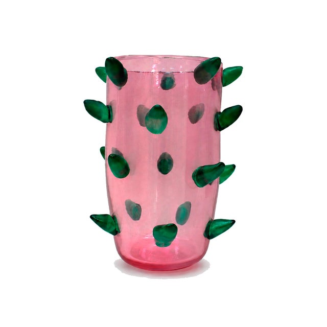 Art Deco Style Pink and Green Murano Glass Vases with Applied Spikes, 1980, Set of 2, in Flawless conditions. Designed...
