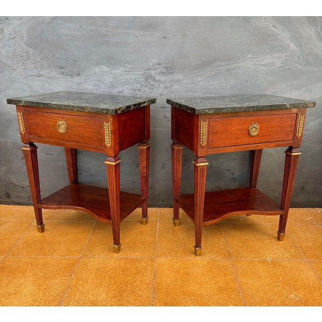 Wood Pair of French Louis XVI Style Nightstands With Marble Tops, 20th Century For Sale - Image 7 of 14