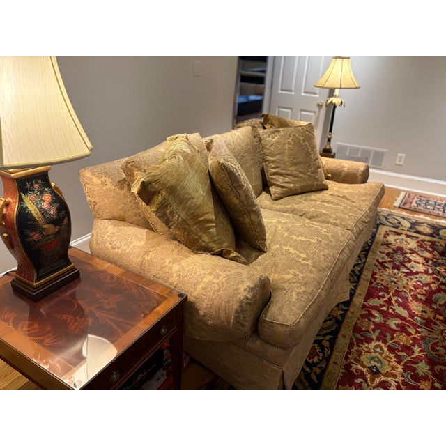 EJ Victor Ej Victor Ultra-Premium Classic Sofa With Silk Damask Gold Upholstery in Like-New Condition For Sale - Image 4 of 6