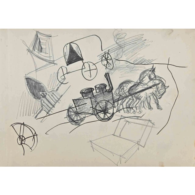 Norbert Meyre, The Carriage, Pencil Drawing, Mid 20th-Century For Sale