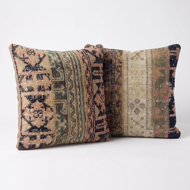 This 19'' x 19'' & 20'' x 20'' pillow cover set was made from authentic Turkish rug pieces — tribal striped bands in faded...