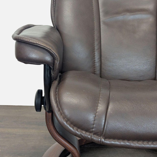 Stressless Ekornes Lounge Chair With Ottoman – Dark Brown Leather & Wood Base For Sale - Image 9 of 13