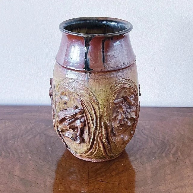 Mid 20th Century Mid-Century Hand Thrown Ceramic Pottery Vase in Brutalist Relief Design in Brown and Ochre Glaze, Signed For Sale - Image 5 of 6