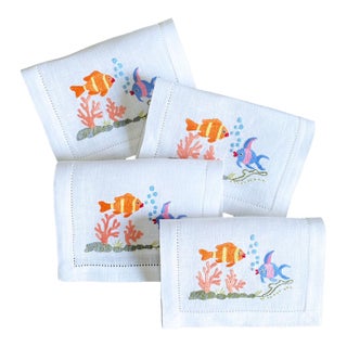 Hand Embroidered Fish Kiss Cocktail Napkins- Set of 4 For Sale