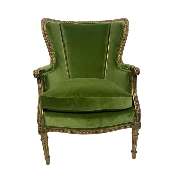 1910s Louis XVI Style Giltwood Carved Bergere Chair With Green Velvet For Sale - Image 12 of 13