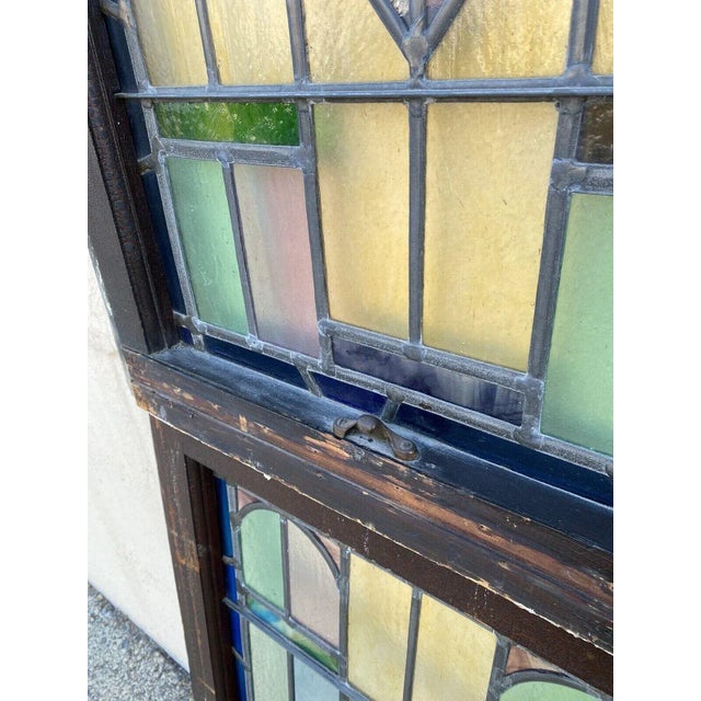 Antique Art Deco Leaded Stained Glass Pink Green Blue Yellow Windows - (2) Pair For Sale - Image 9 of 13