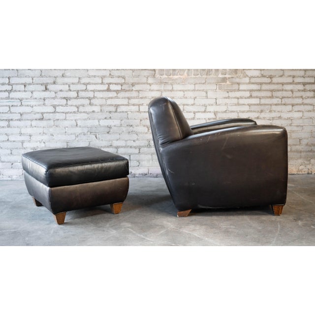 Restoration Hardware Art Deco Black Leather Club Chair & Ottoman For Sale - Image 10 of 14