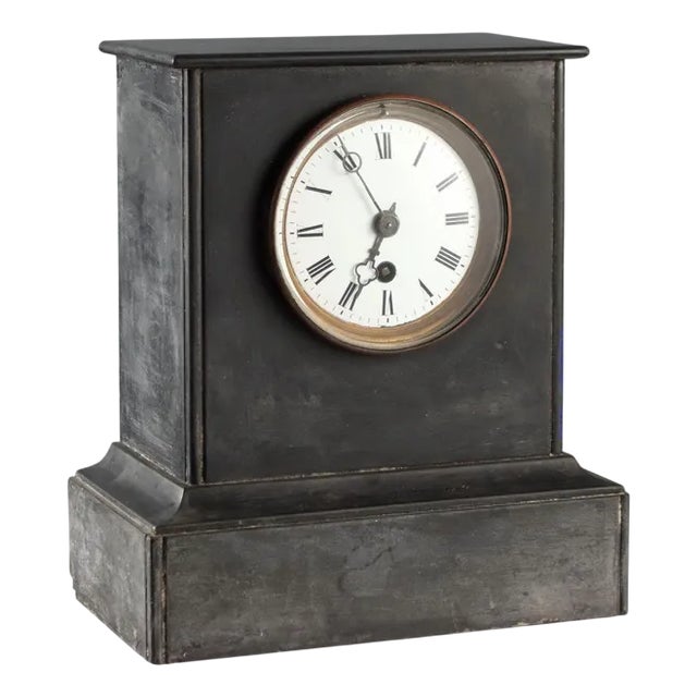 Antique Desk Clock in Black Marble, Metal and Glass, 19th Century For Sale