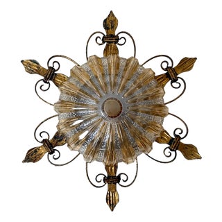 German Gilt Wrought Iron and Textured Glass Flush Mount, 1970s For Sale