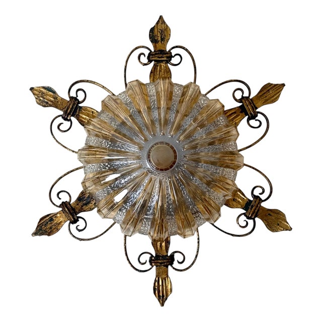 German Gilt Wrought Iron and Textured Glass Flush Mount, 1970s For Sale