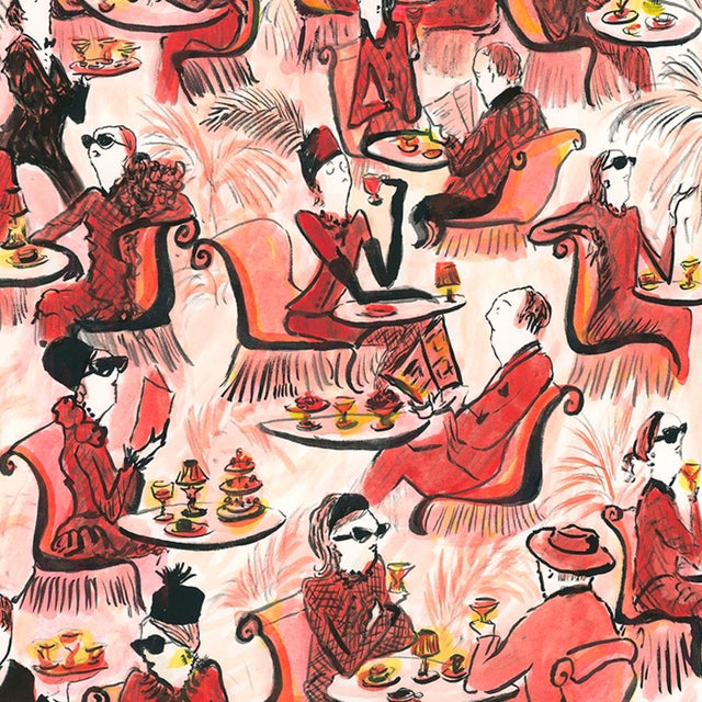 Contemporary Pink Palms Red Luncheon Whimsical Contemporary Figurative Reproduction Print by Pauline De Roussy De Sales For Sale - Image 3 of 3