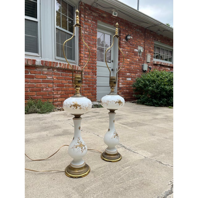 Hollywood Regency Gold Leaf Painted Porcelain Table Buffet Lamps- A Pair For Sale - Image 6 of 12