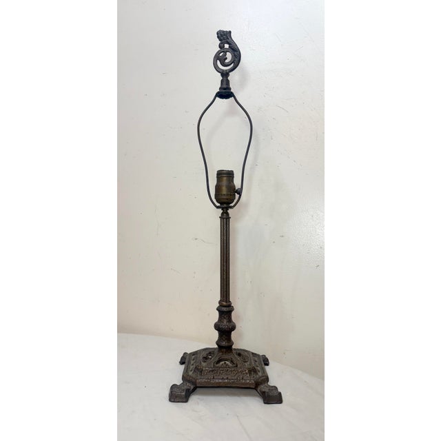 Antique Arts and Crafts Bronze Patinated Cast Iron Electric Table Lamp Light For Sale - Image 4 of 12
