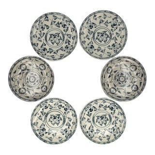 Vintage Bat Trang Vietnamese Ceramic Dinner Plates Blue With Blue and Cream Lotus Floral Motifs - Set of 6 For Sale