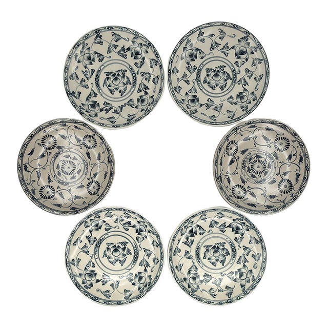 Vintage Bat Trang Vietnamese Ceramic Dinner Plates Blue With Blue and Cream Lotus Floral Motifs - Set of 6 For Sale