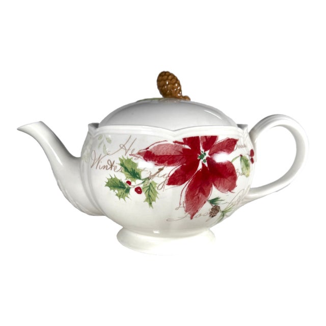 Lenox “Winter Meadow” Tea Pot & Pinecone Lid - Floral, Holly, Cursive Script Accents For Sale