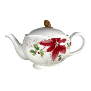 Lenox “Winter Meadow” Tea Pot & Pinecone Lid - Floral, Holly, Cursive Script Accents