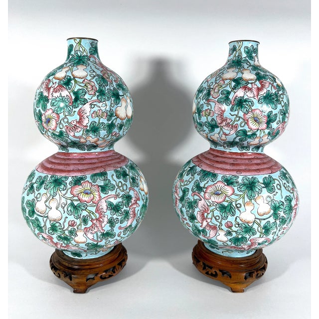 Rare Republic Huluping Chinese Enamel Double Gourd Baby Blue Opposing Vases With Stands - A Pair For Sale - Image 4 of 10