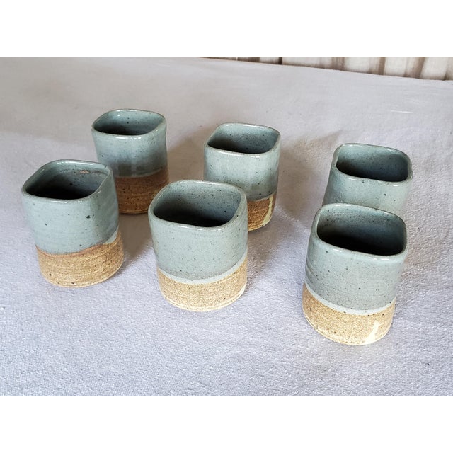 Late 20th Century Asian Wabi Sabi Blue Gray Ceramic Tea Cups- Set of 6 For Sale - Image 4 of 5