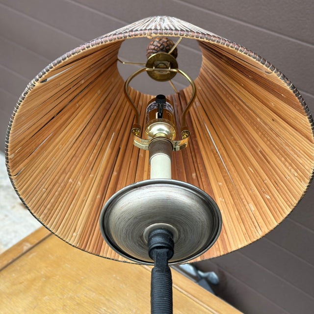 Vintage Uttermost Wrought Iron Table Lamp With Rattan Shade For Sale - Image 10 of 12