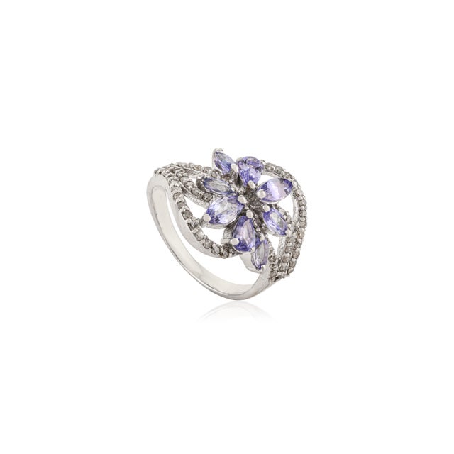 Contemporary 925 Silver Marquise Cut Tanzanite Flower Cocktail Ring With Diamond - Size 8 For Sale - Image 3 of 10