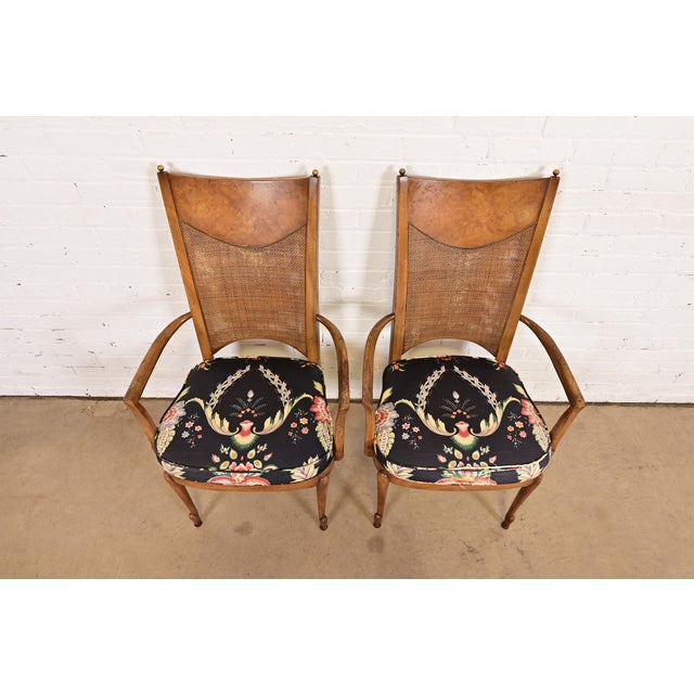 1970s William Doezema for Mastercraft Mid-Century Modern Hollywood Regency Burl Wood and Cane Back Armchairs, Pair For Sale - Image 5 of 12