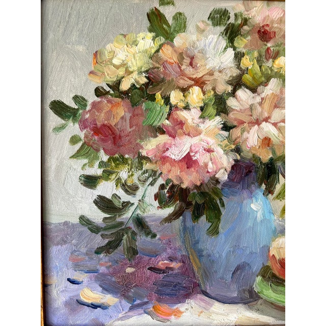 Paint Late 20th Century Impressionist Floral Still Life Painting of Peonies and Apples For Sale - Image 7 of 12