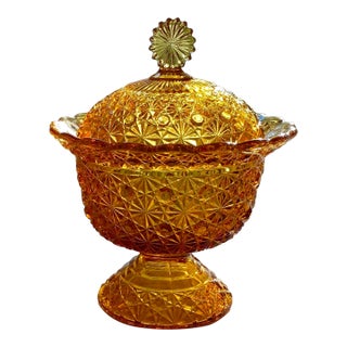 Mid 20th Century Sparkling Candy Dish & Lid Daisy and Button Amber by L G Wright Glass For Sale