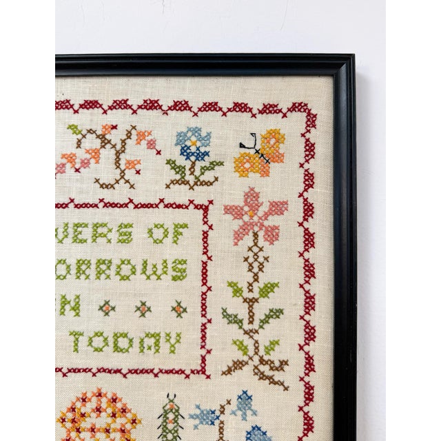 Vintage All the Flowers Cross Stitch Framed Art Sampler Floral Quote Black Frame For Sale - Image 4 of 5