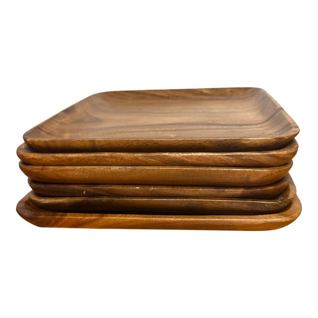 Vintage Teak-Wood Serving Plates Set of 6 For Sale