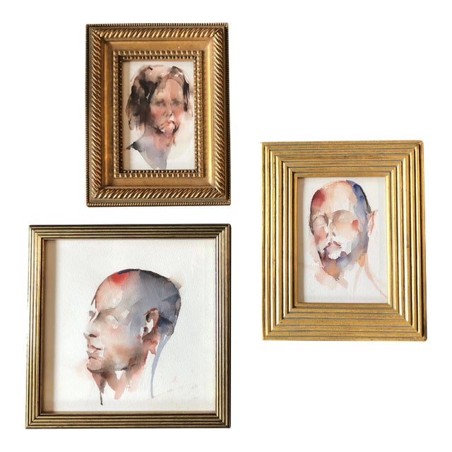 Gallery Wall Collection-3 Vintage Abstract Watercolor Portrait Paintings -Set of 3 For Sale
