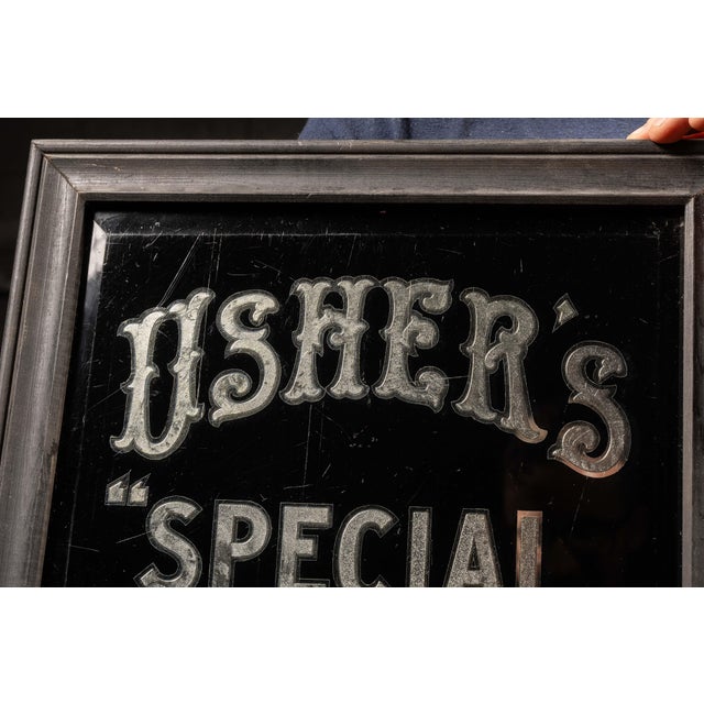 Industrial 1920s Andrew Usher & Co. Reverse-Painted Glass Whisky Advertising Sign For Sale - Image 3 of 5