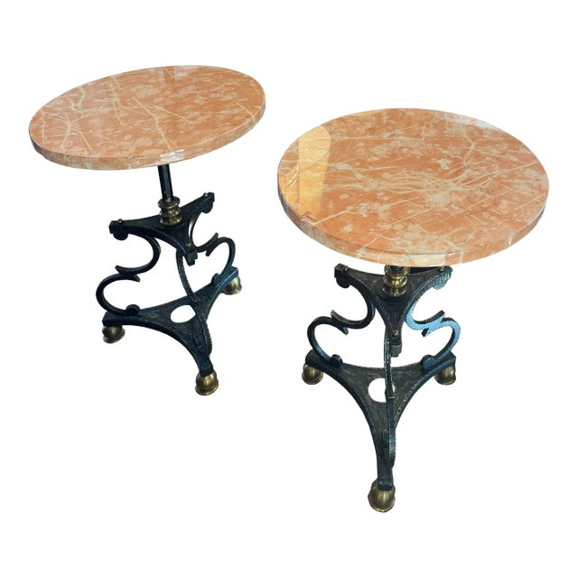 Pair of Iron and Brass Drink Tables With Polished Rojo Marble Tops For Sale