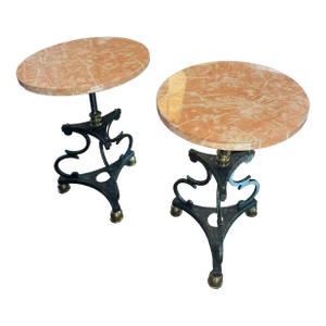Pair of Iron and Brass Drink Tables With Polished Rojo Marble Tops
