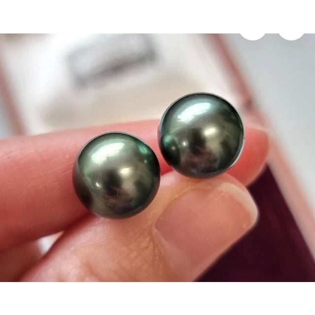 11 MM Tahitian Black Pearl Stud Earrings 14 Karat White Gold perfect pair made in 14 Karat Yellow gold Backs are made of...
