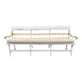 1940s Farmhouse Style Painted Deacon's Bench With Cushion For Sale