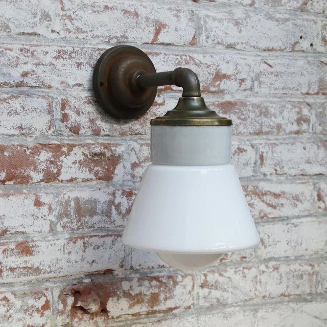 1950s Vintage White Opaline Glass, Brass & Cast Iron Arm Wall Light For Sale - Image 5 of 7