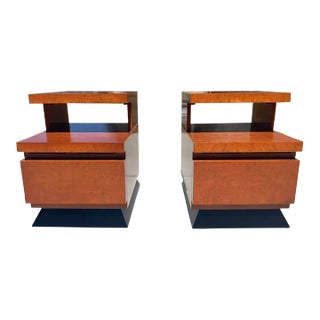 Pair Vintage Mid Century Modern Art Deco Burl Wood Nightstands Restored 1950s 1940s For Sale