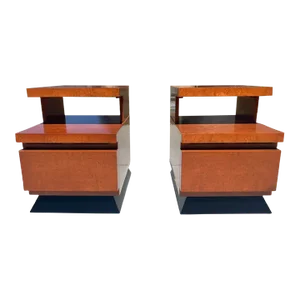Pair Vintage Mid Century Modern Art Deco Burl Wood Nightstands Restored 1950s 1940s