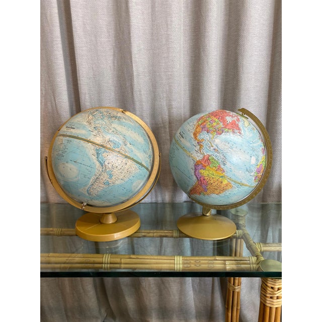 Vintage 12” 1960s, made in the United States, Replogle pair of metal base terrestrial globes.