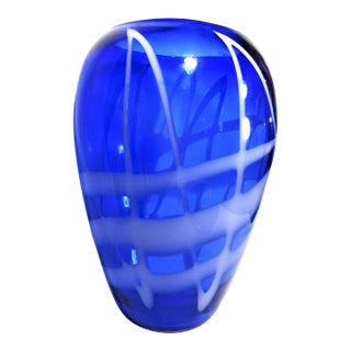 Late 20th Century Vintage Cobalt Blue + White Blown Glass Vase For Sale