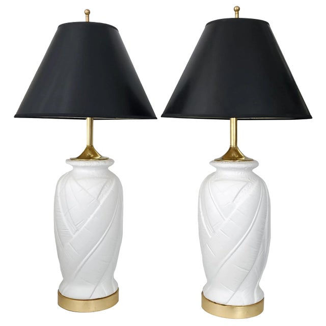 Lamp Pair White Plaster Palm Tree Leaf Restored Large For Sale - Image 10 of 13