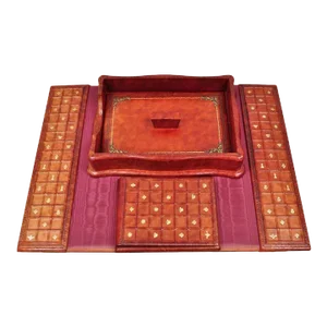 Vintage Italian Hollywood Regency Red Tooled Leather Gold Gilt 3 Piece Desk Set