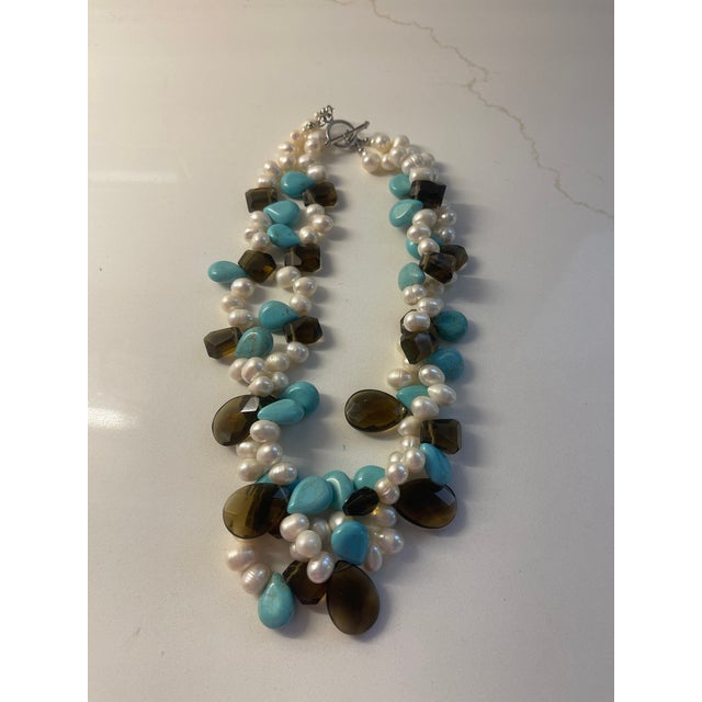 TO DIE FOR NECKLACE,BROWNS, BLUES, PEARLS-DOUBLE STRAND 19" L done in smoky quartz, pearls,Turquiose.JUST LOVELY