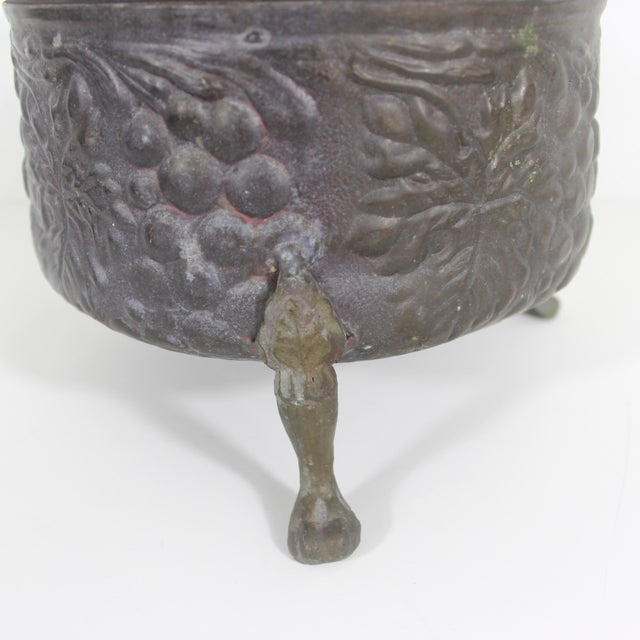 Vintage Claw Footed Brass Planter With Grape Motif Rope Edge and Pierced Details For Sale - Image 6 of 9