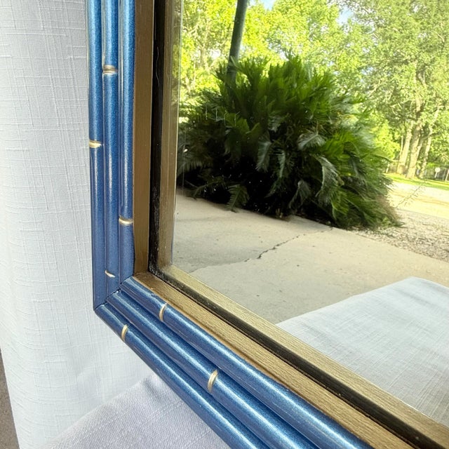 Contemporary Vintage Faux Bamboo Wall Mirror in Metallic Blue With Gilt Accents – Newly Paintd For Sale - Image 3 of 12