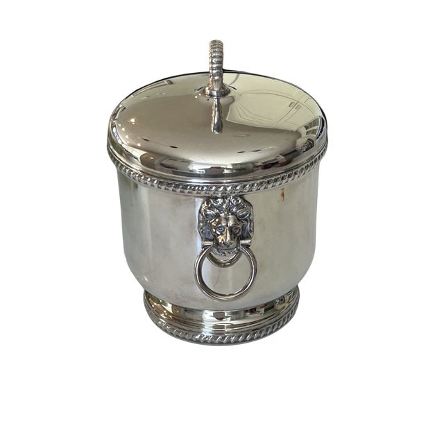 Vintage The Sheffield Silver Co. Silver-Plated Ice Bucket with Lion Head Handles, Milk Glass Liner & Ornate Ice Tongs |...
